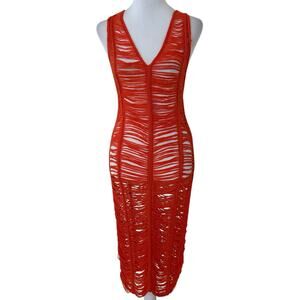 Micas Orange V-Neck Halter Top Crochet Midi Swimsuit Coverup Dress Size S